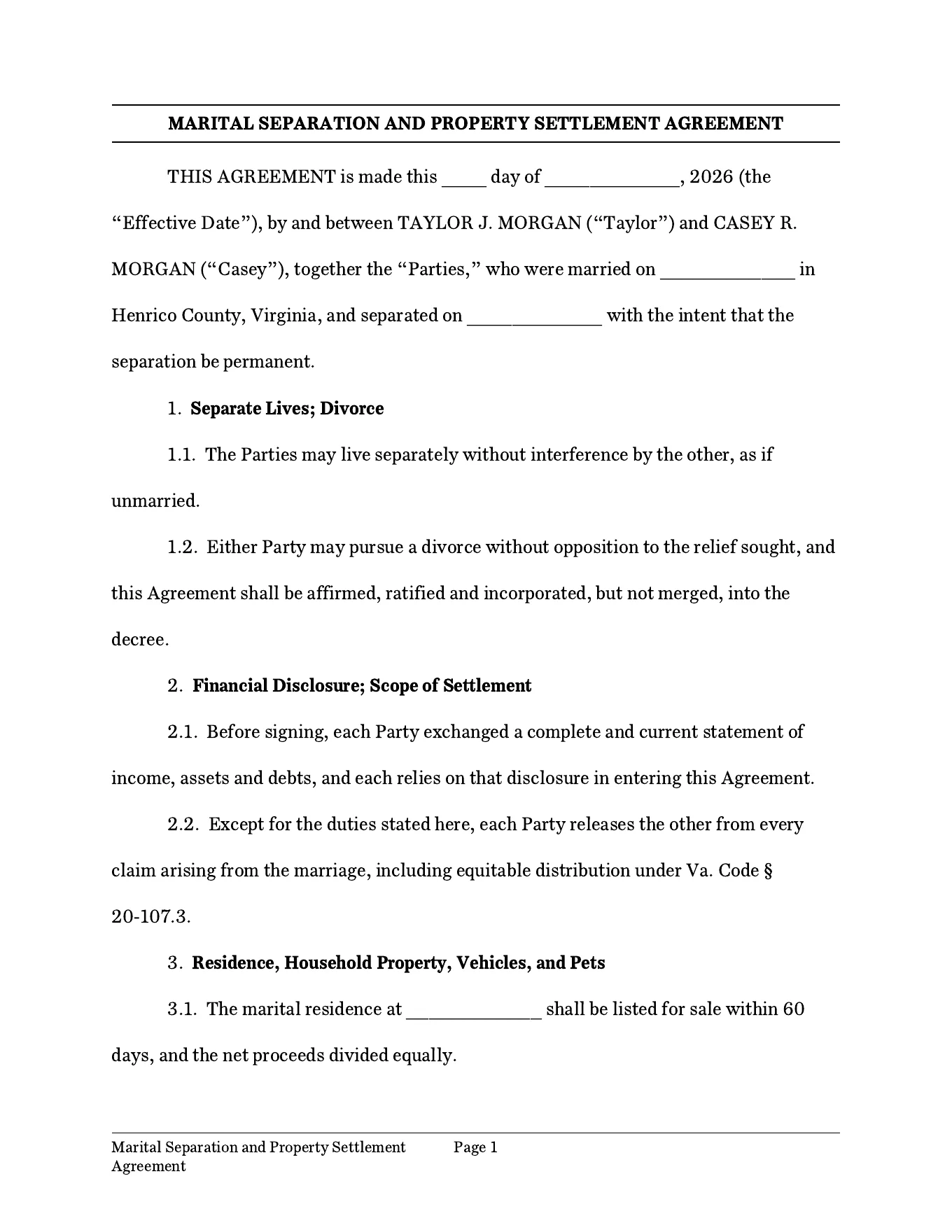 A property settlement agreement, page one, as VaFL Drafts generated it for a fictional matter.