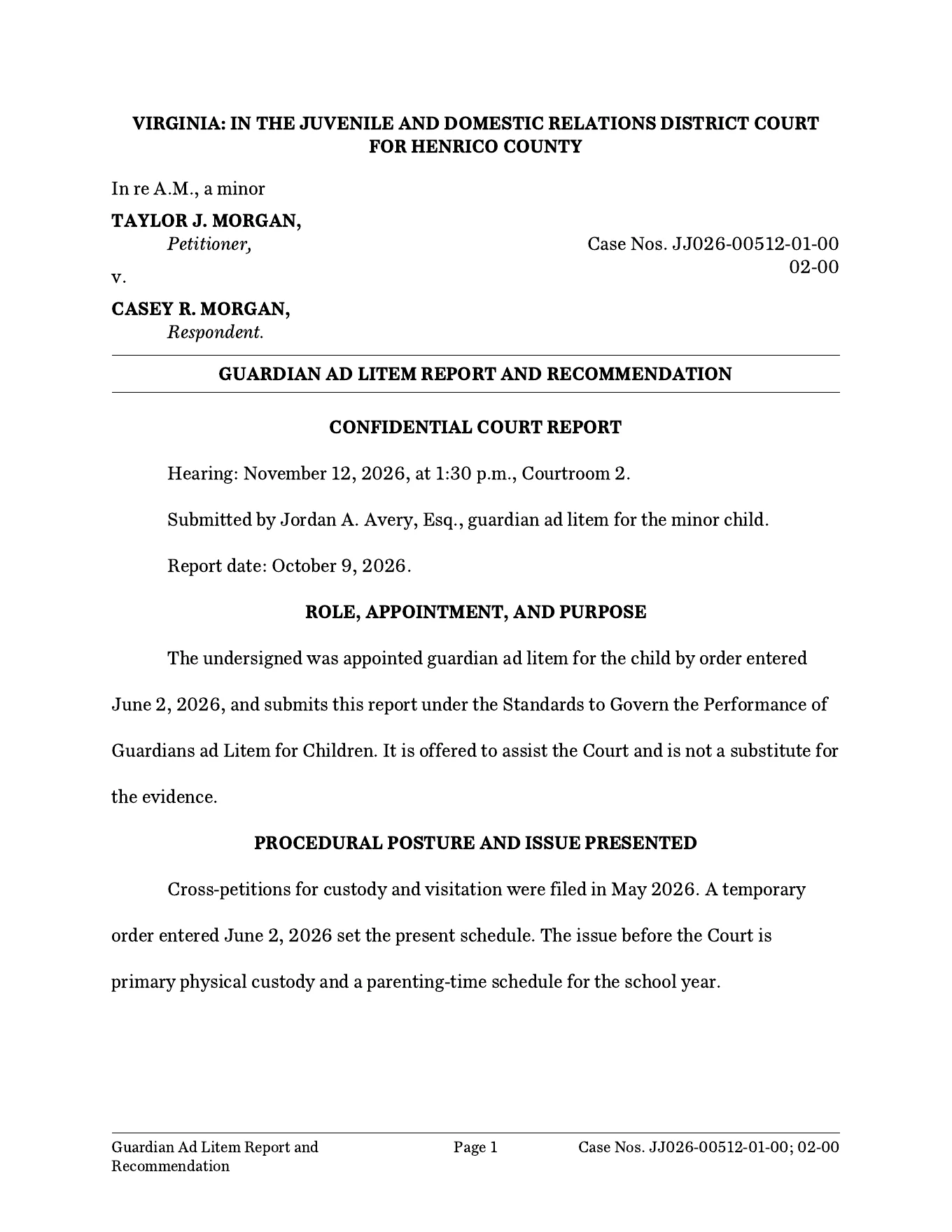 A report of the guardian ad litem, page one, as VaFL Drafts generated it for a fictional matter.