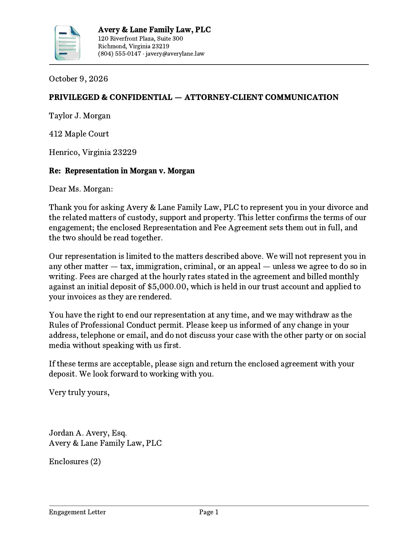 An engagement letter, page one, as VaFL Drafts generated it for a fictional matter.