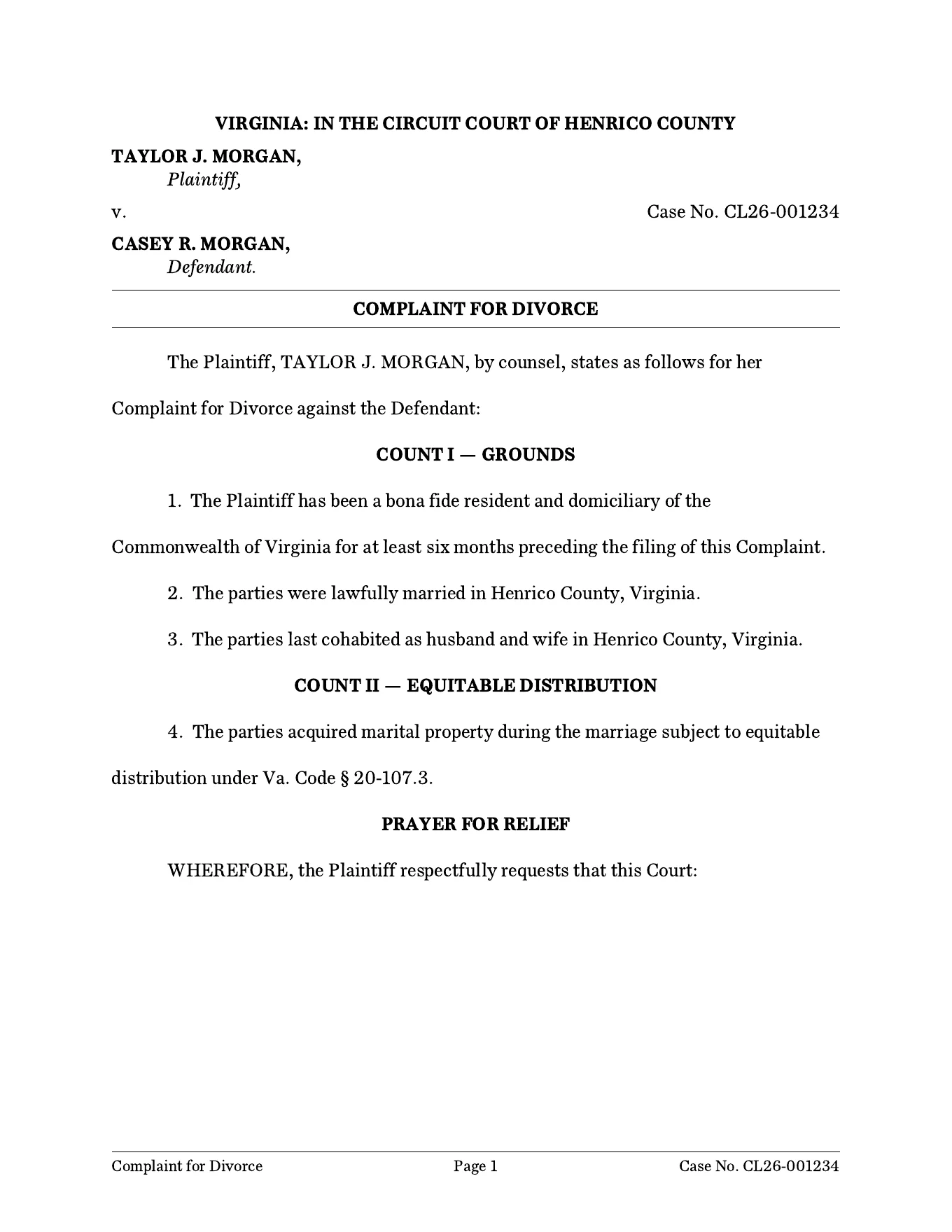A complaint for divorce, page one, as VaFL Drafts generated it for a fictional matter.