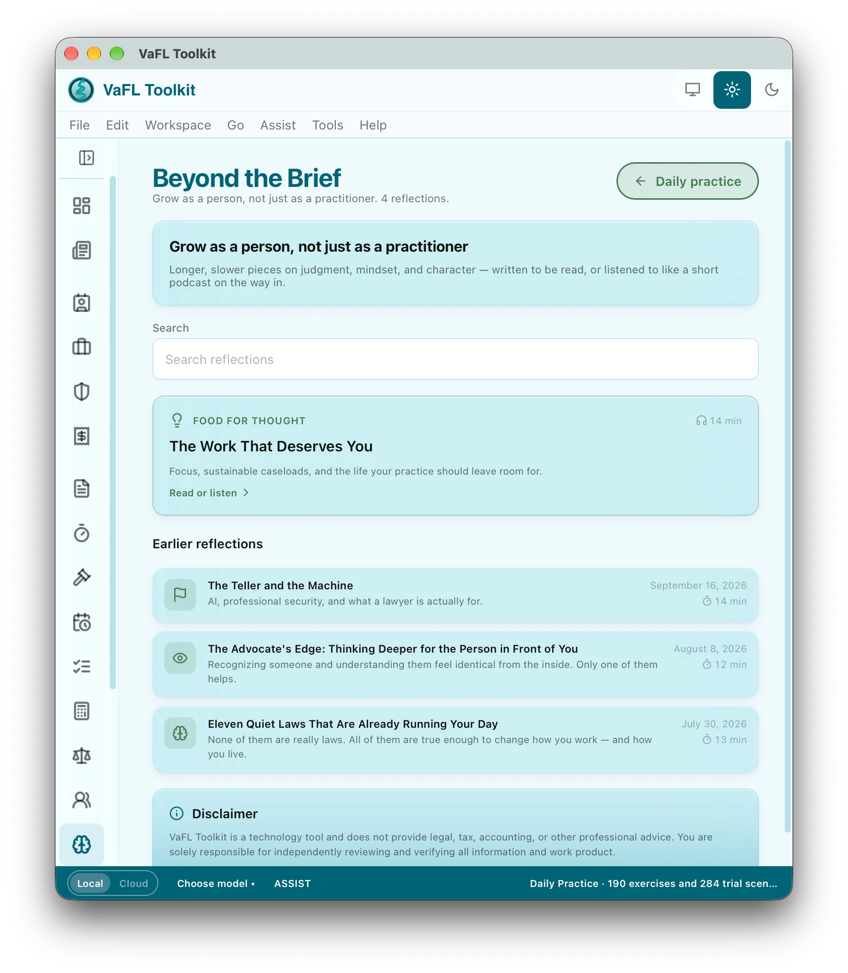 The Beyond the Brief library in VaFL Toolkit: a featured reflection, The Work That Deserves You, with Read or listen, and earlier reflections listed with dates and running times.