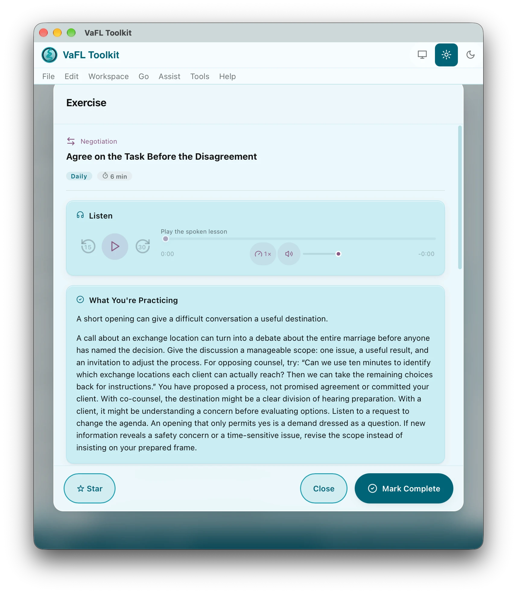 A communication exercise open in VaFL Toolkit: Agree on the Task Before the Disagreement, a negotiation rep of six minutes with a Listen player and the text of what you are practising.