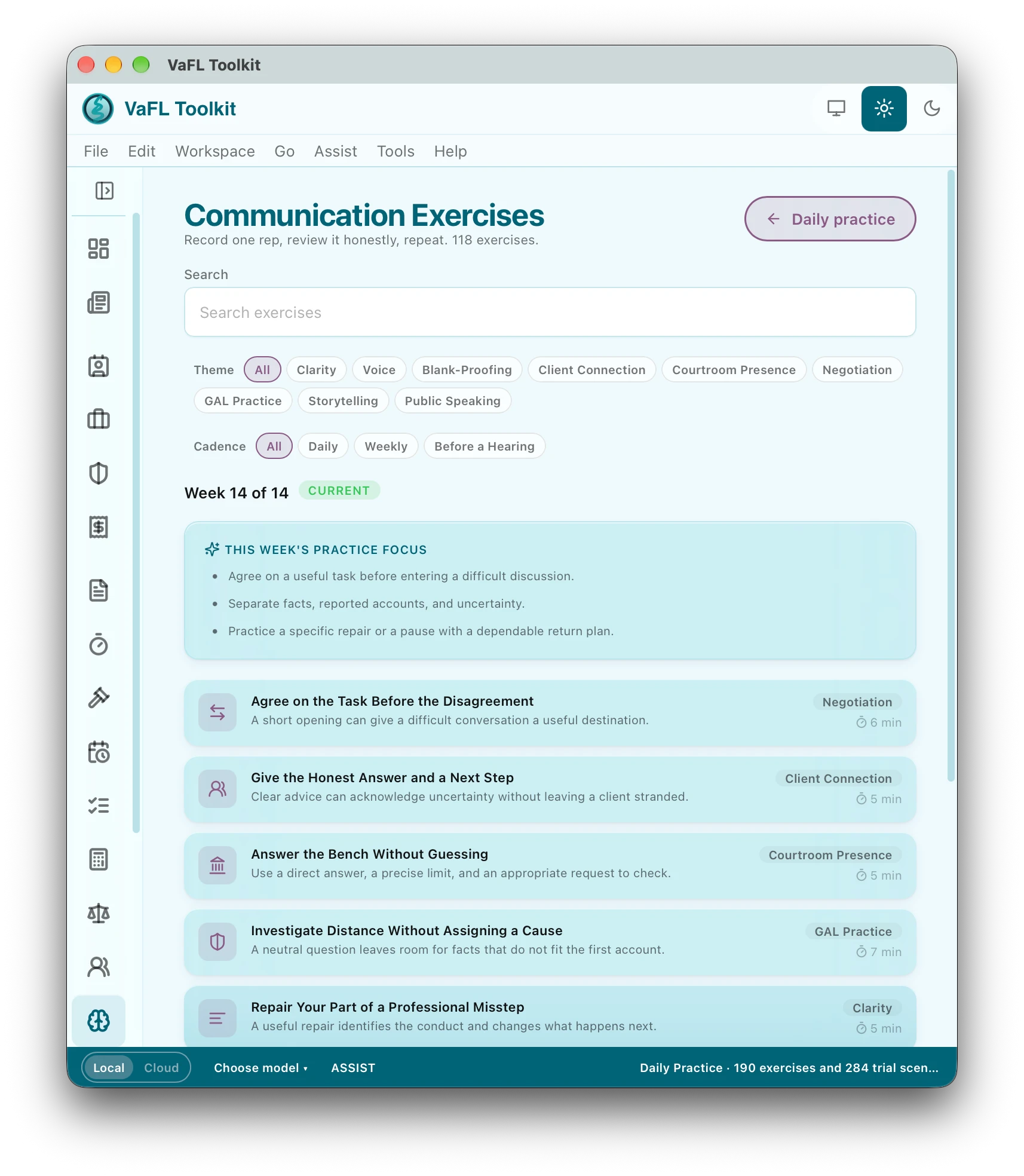 Communication Exercises in VaFL Toolkit: theme and cadence filters, this week's practice focus for week 14 of 14, and exercises such as Agree on the Task Before the Disagreement.