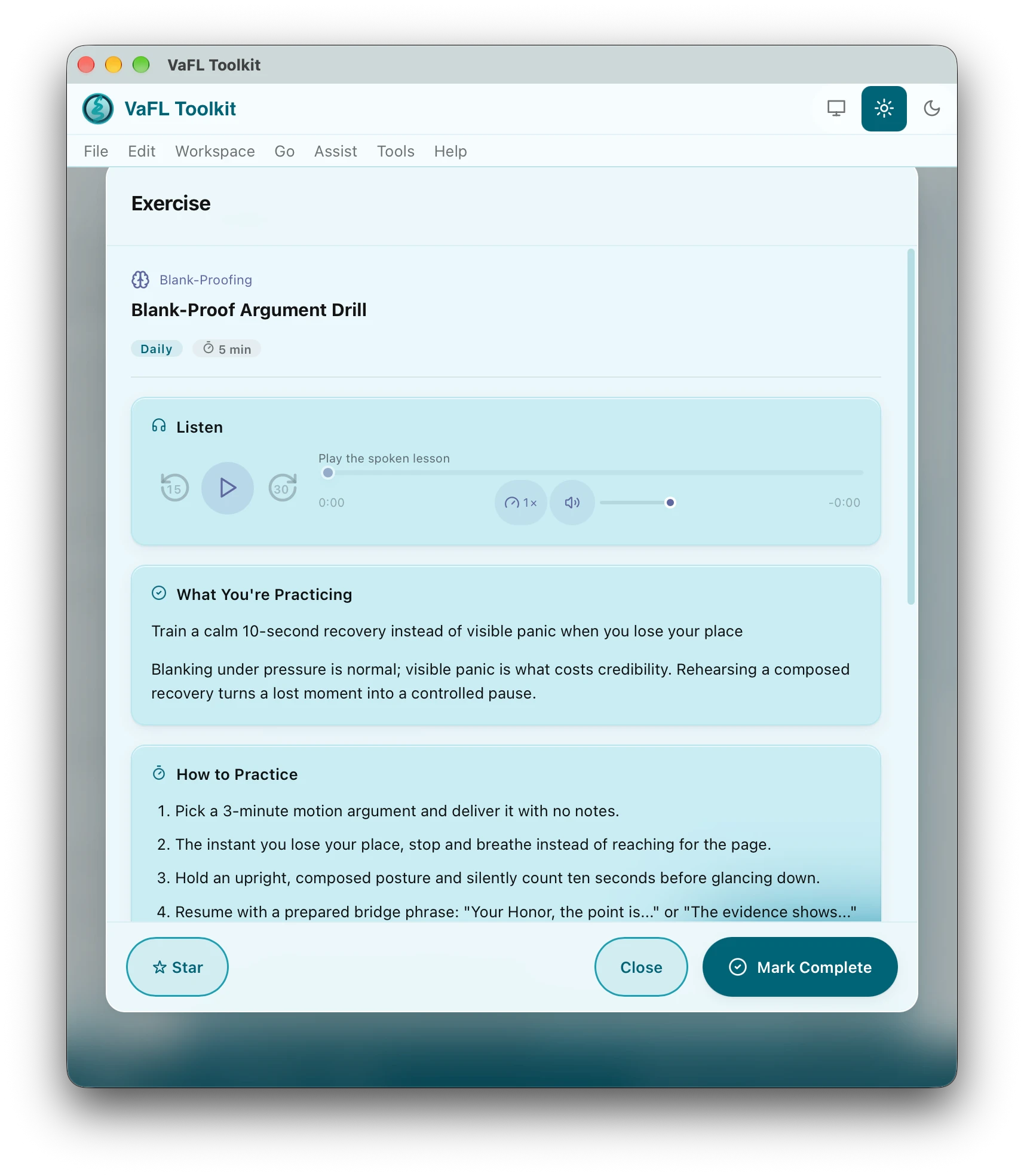 The Blank-Proof Argument Drill open in VaFL Toolkit: a Listen player, What You're Practicing, numbered How to Practice steps, and Star, Close and Mark Complete buttons.
