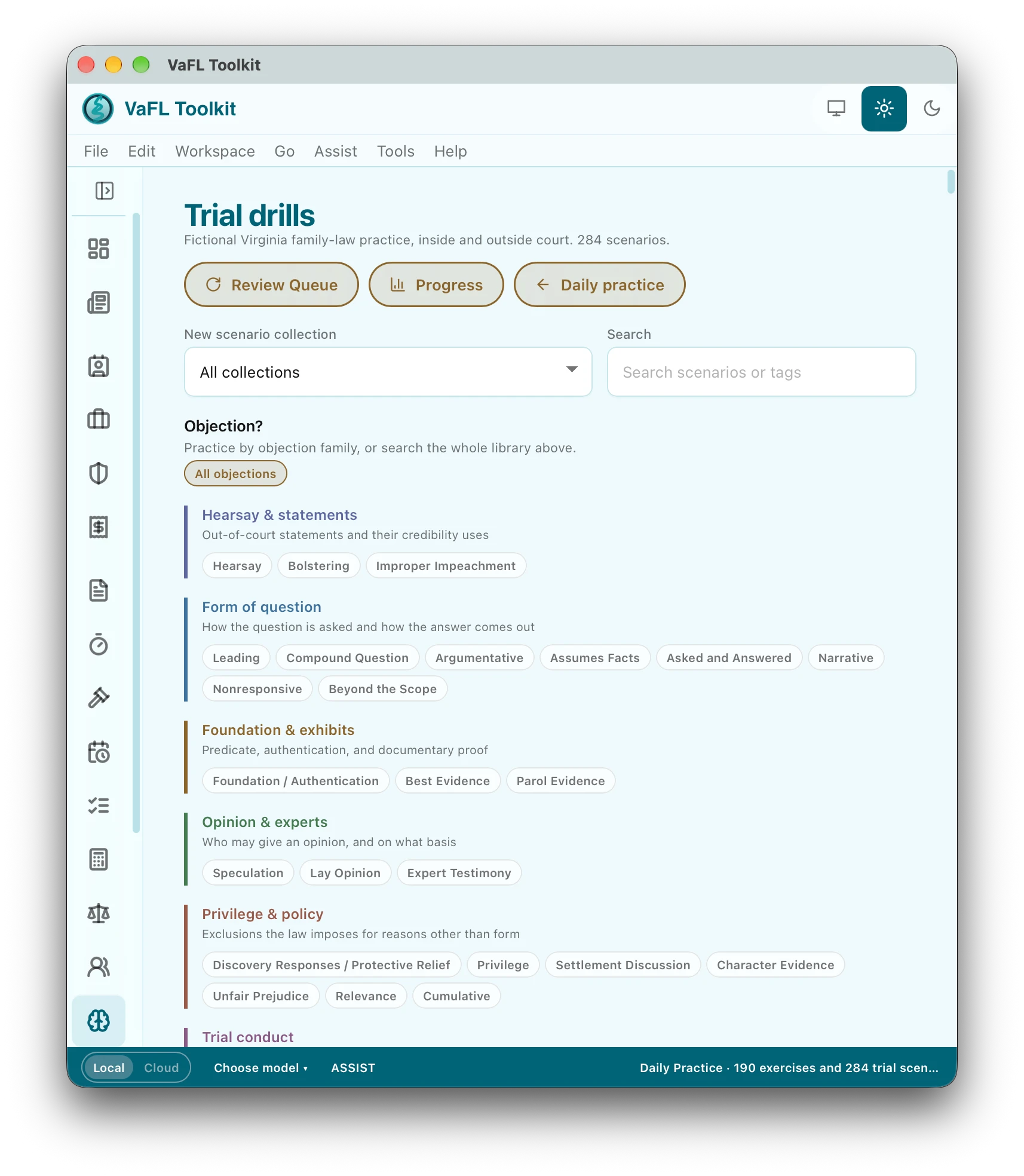 Trial drills in VaFL Toolkit: Review Queue and Progress buttons, a scenario collection chooser, search, and objection families such as hearsay, form of question and foundation with their tags.