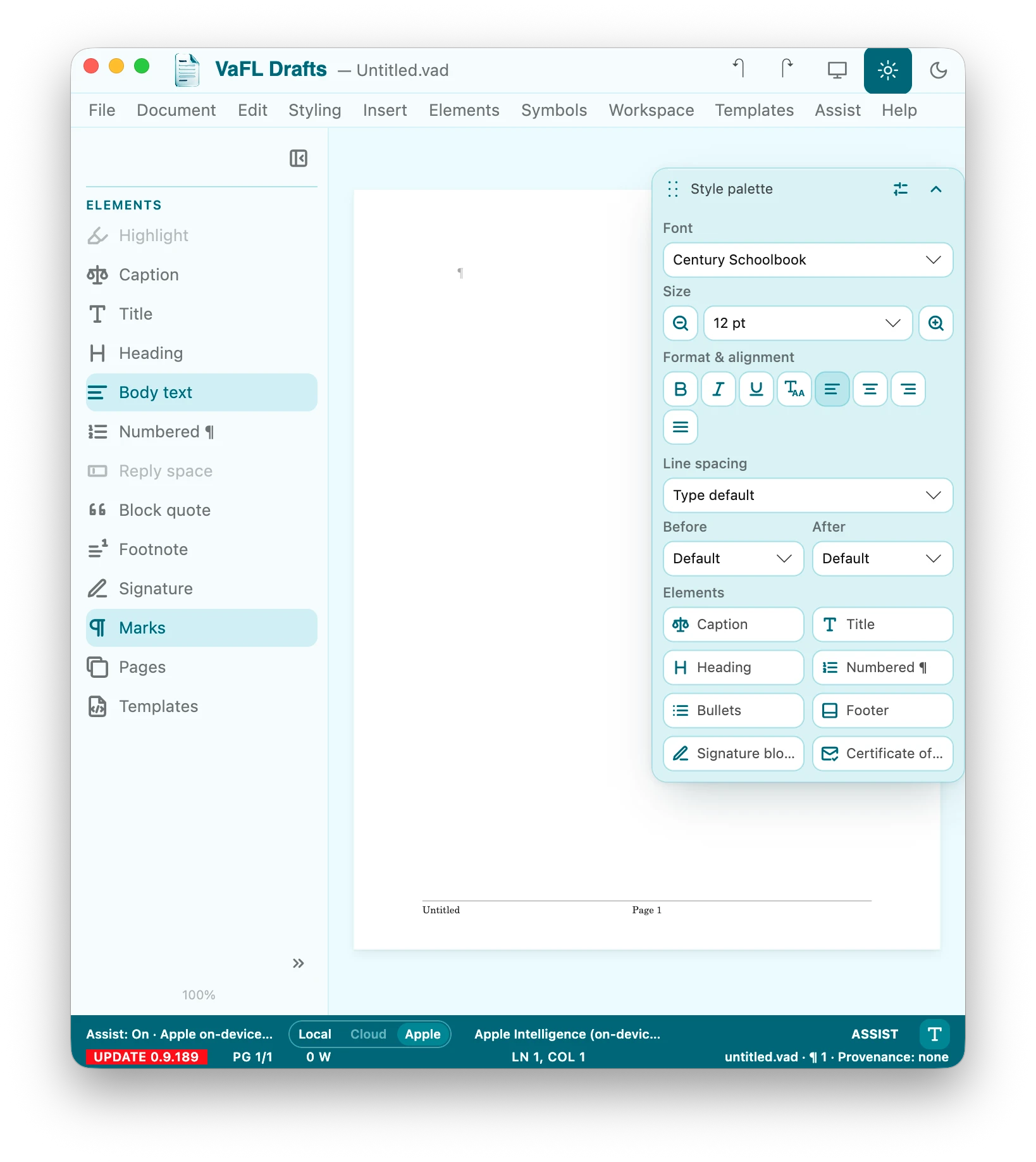 VaFL Drafts on macOS: an elements sidebar with caption, title, heading, body text, numbered paragraphs, block quote, footnote and signature, a page with its footer, and the style palette with font, size, format, spacing and element buttons.